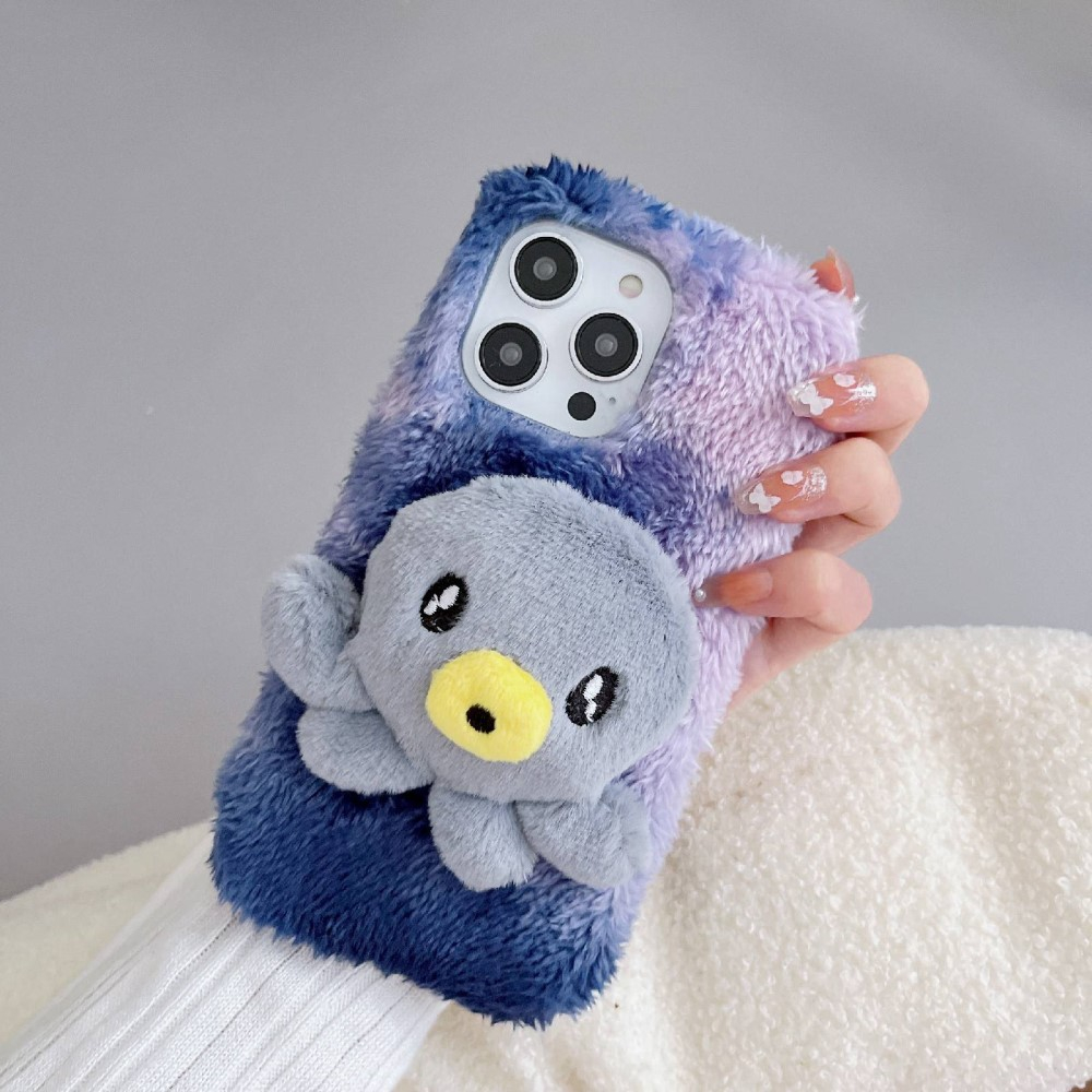 iPhone 14 Pro Max 3D Gummi Plüsch Case Hülle mit Flauschigem Oktopus - Lila / Grau