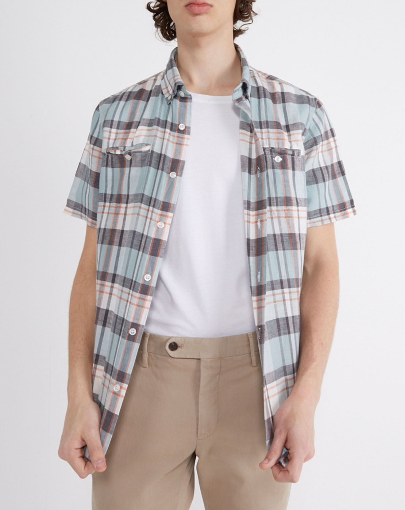Oxbow Chemise droite en Lin & Coton Cheka carreaux bleu/vert/gris