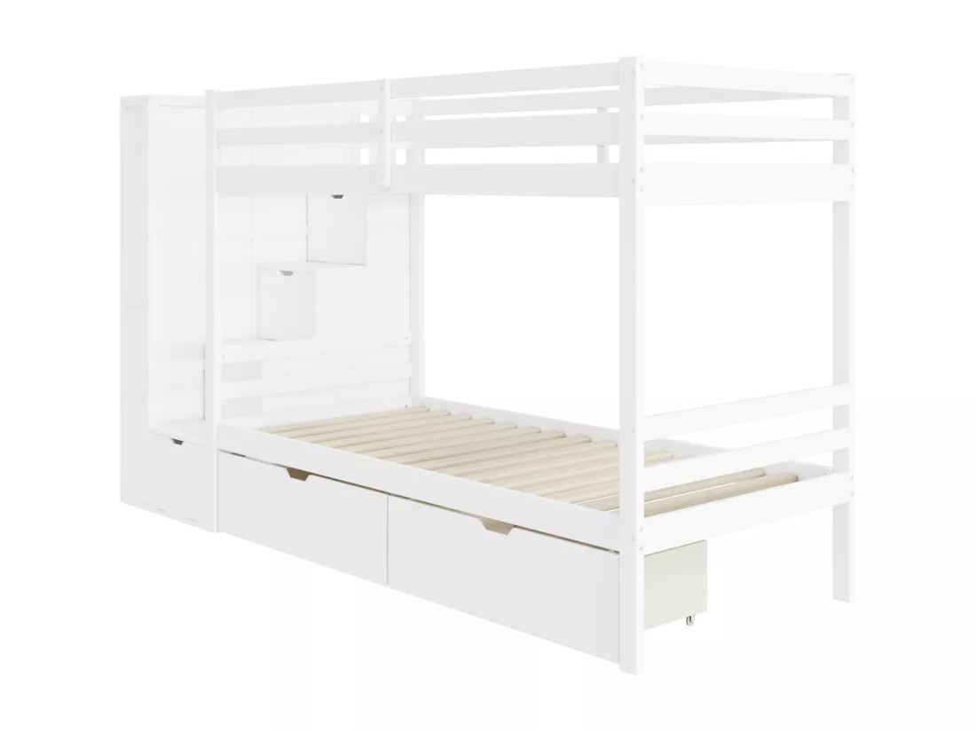 Lit superposé avec 2 tiroirs + escalier de rangement + étagères - 90x200 cm - en bois de pin - Blanc