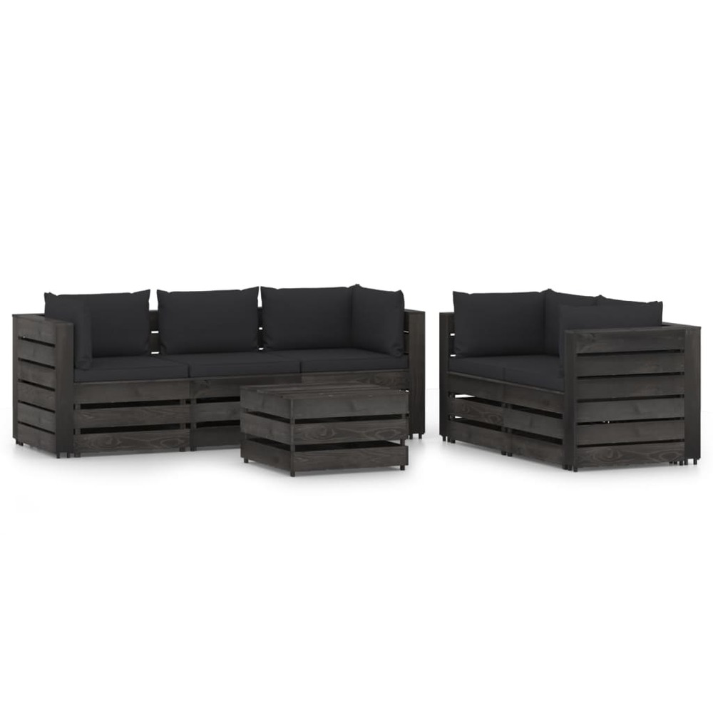 Salon de jardin meuble d'extérieur ensemble de mobilier 6 pièces avec coussins bois imprégné de gris