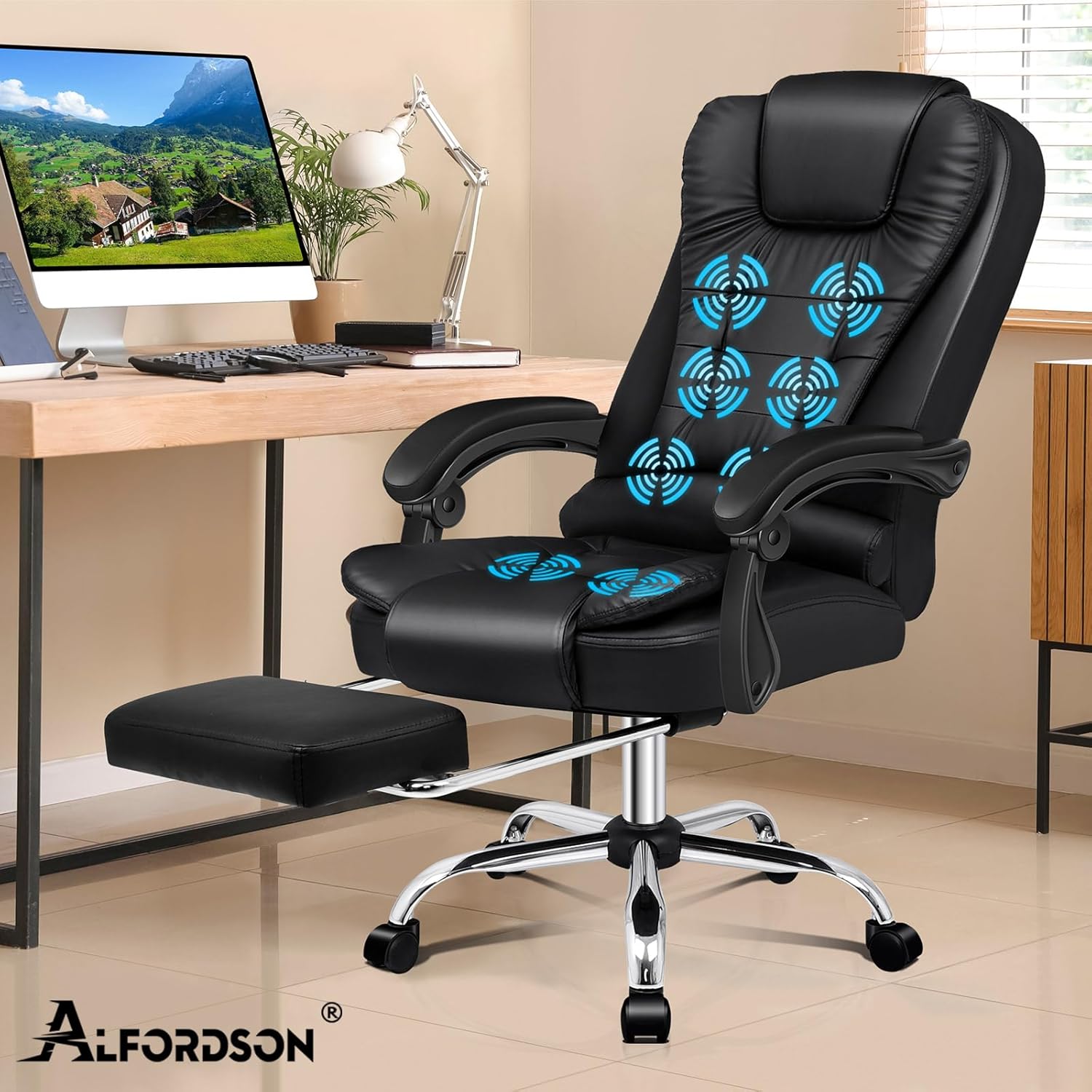 ALFORDSON Ergonomischer Bürostuhl, Schreibtischstuhl mit Wärmemassagefunktion, PU-Leder Computerstuhl mit gepolsterten Armlehnen und weicher Kopfstütze, Drehstuhl mit Rollen, Schwarz