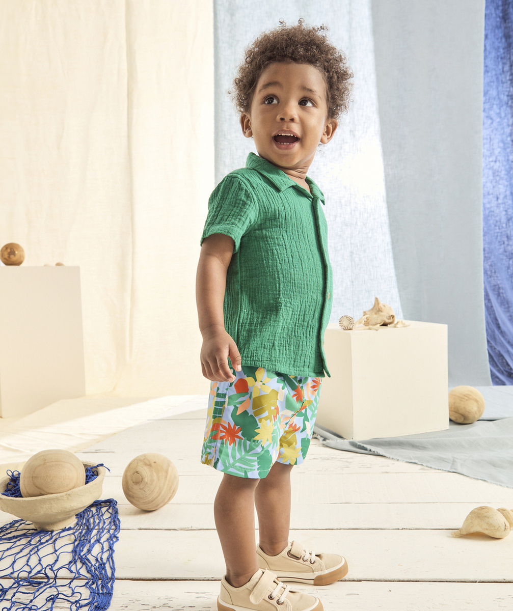 SHORT DE BAIN BÉBÉ GARÇON EN FIBRES RECYCLÉES BLEU IMPRIMÉ FEUILLE