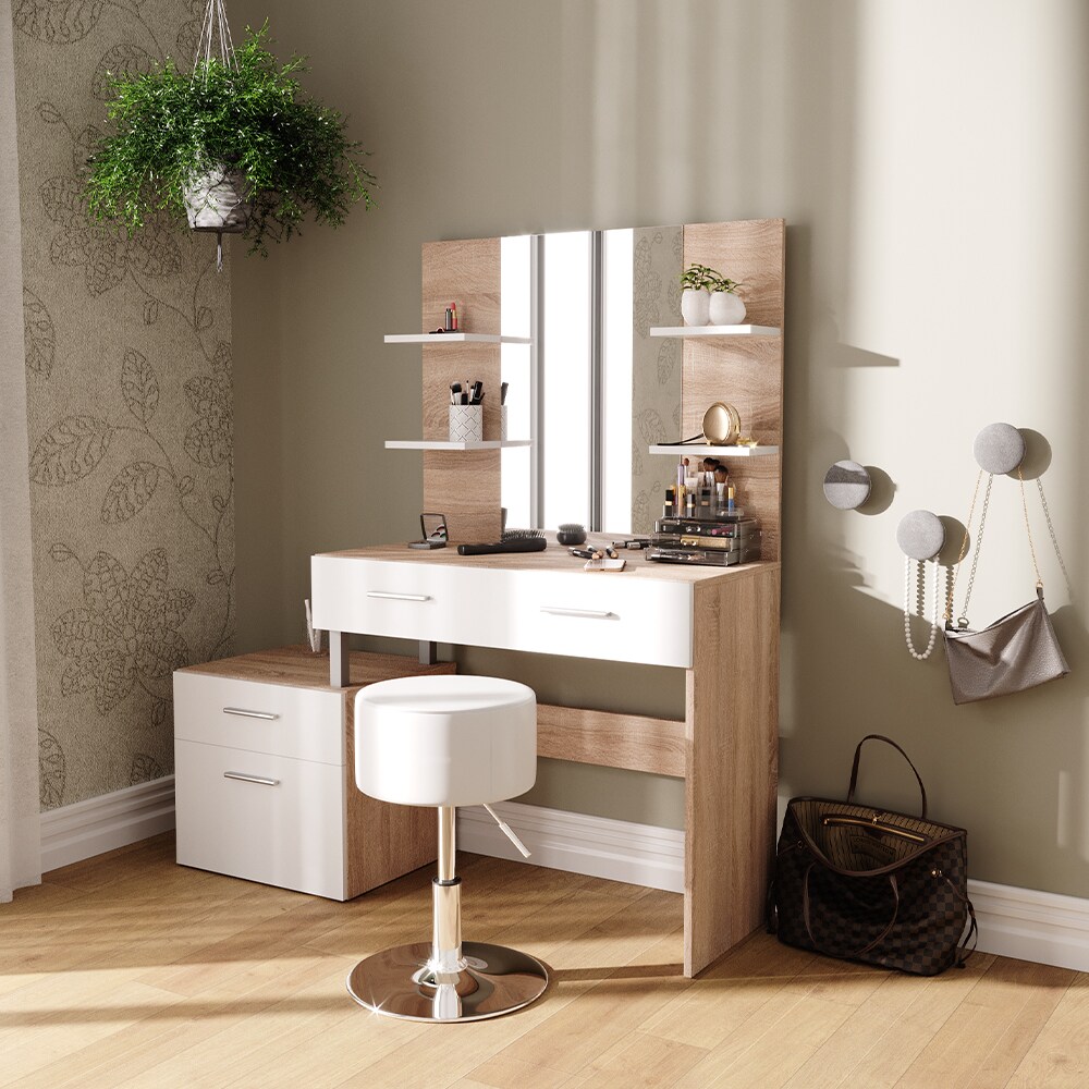 Vicco Schminktisch Frisiertisch Frisierkommode Maria Weiß Sonoma Spiegel Hocker 132x145 cm modern Ablage