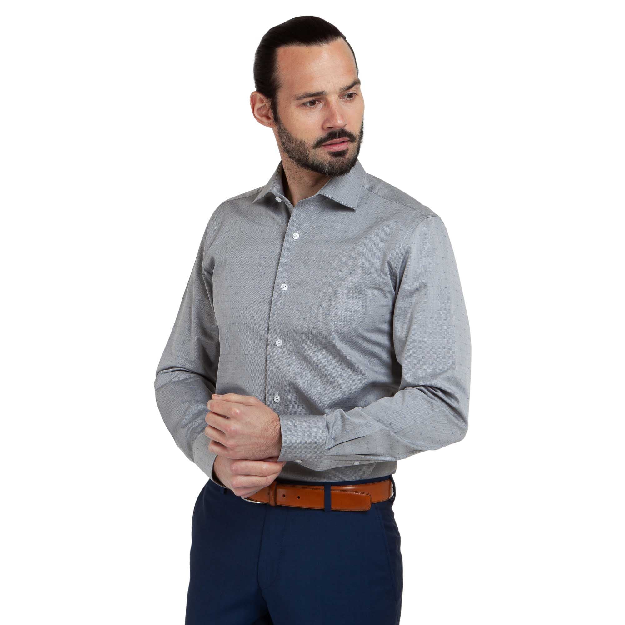 Chemise cintrée fantaisie gris motifs bleu