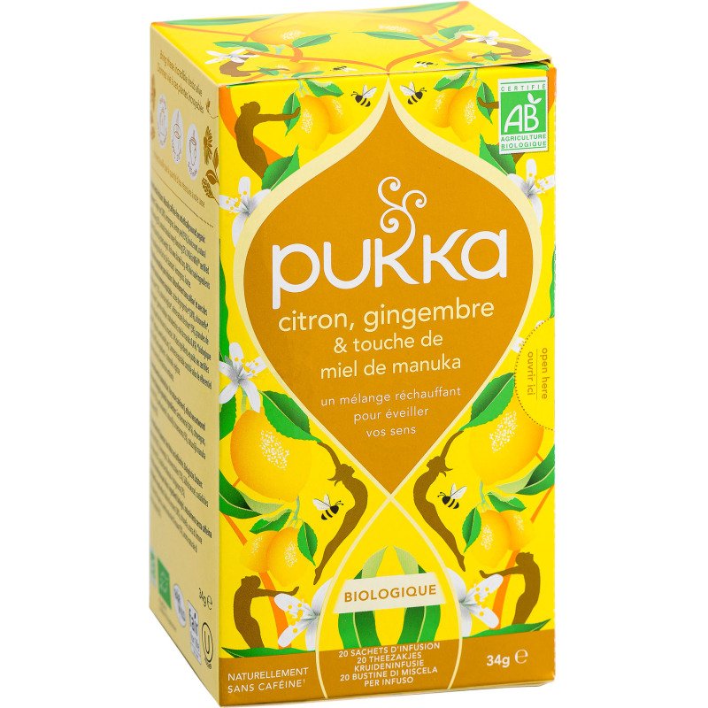 Infusion citron, gingembre et touche de miel de Manuka Bio Pukka - Boîte de 20 sachets