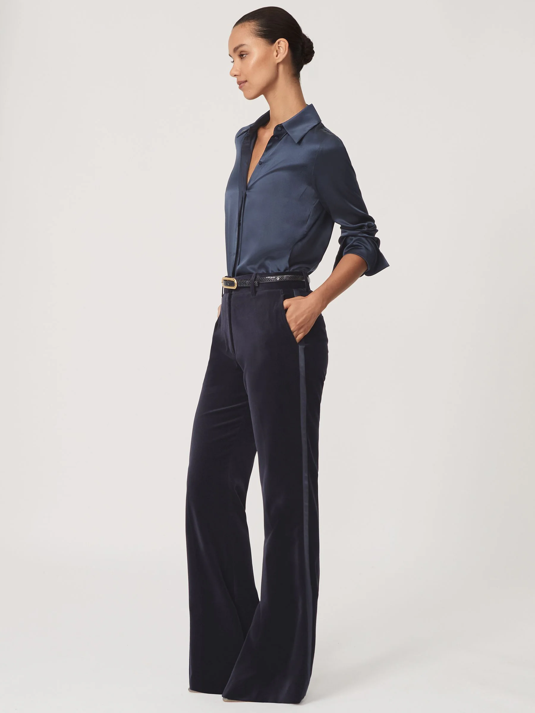 Reiss Verda Velvet Satin-Stripe Flared Trousers