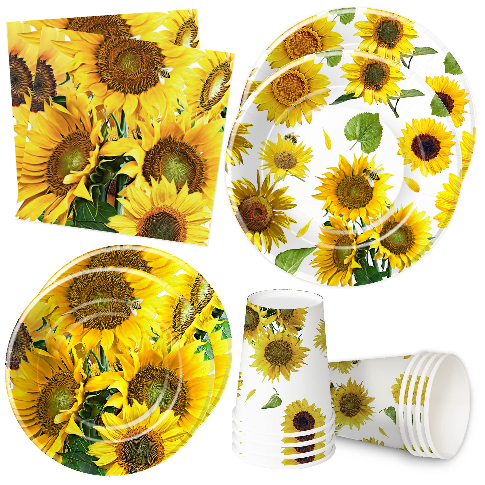 (112-tlg. Set) Einweg Geschirr Sommer Party Tisch Deko inkl. Teller / Servietten / Besteck / Papp Becher - Sonnenblume