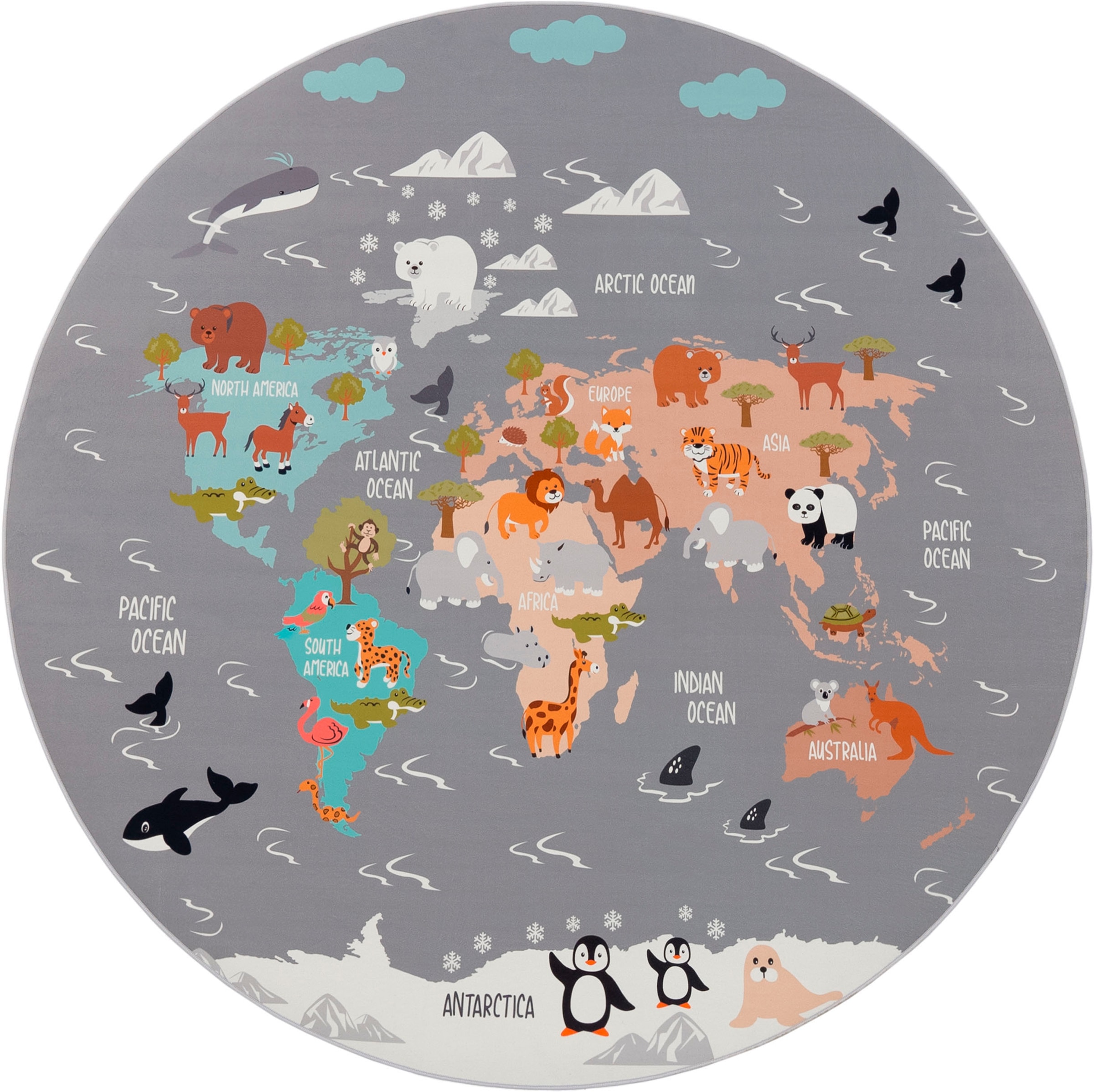 Paco Home Kinderteppich »Bino 581« rund 4 mm Höhe Spielteppich, Motiv Weltkarte & Tiere, Kinderzimmer