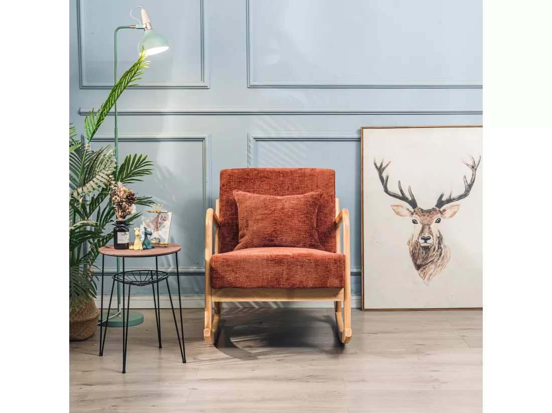 Rocking chair en bois massif et tissu terracotta