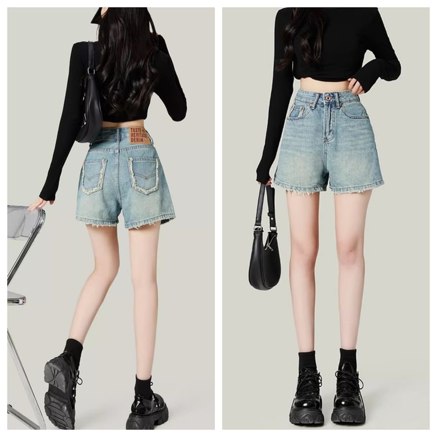 Girliepairs - Hoge taille, gewassen, gerafelde, wijde denim shorts