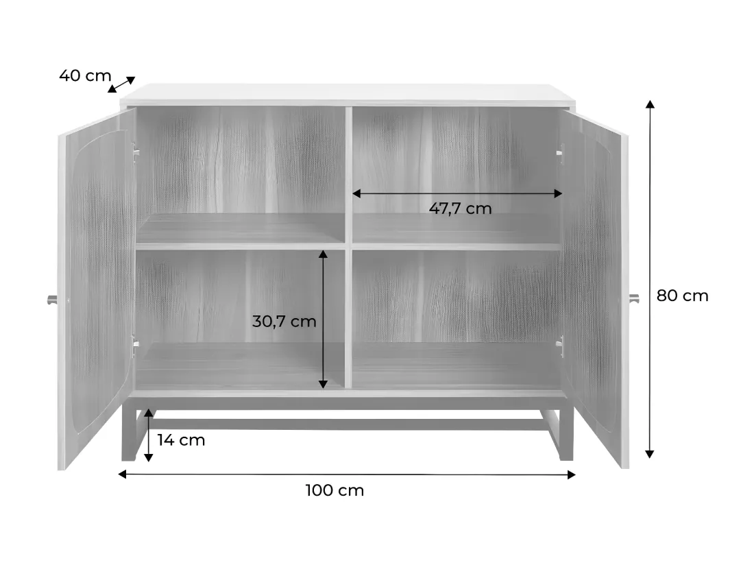 Buffet rétro décor bois foncé et cannage. buffet haut. vaisselier. 2 portes avec pieds en métal noir L100cm