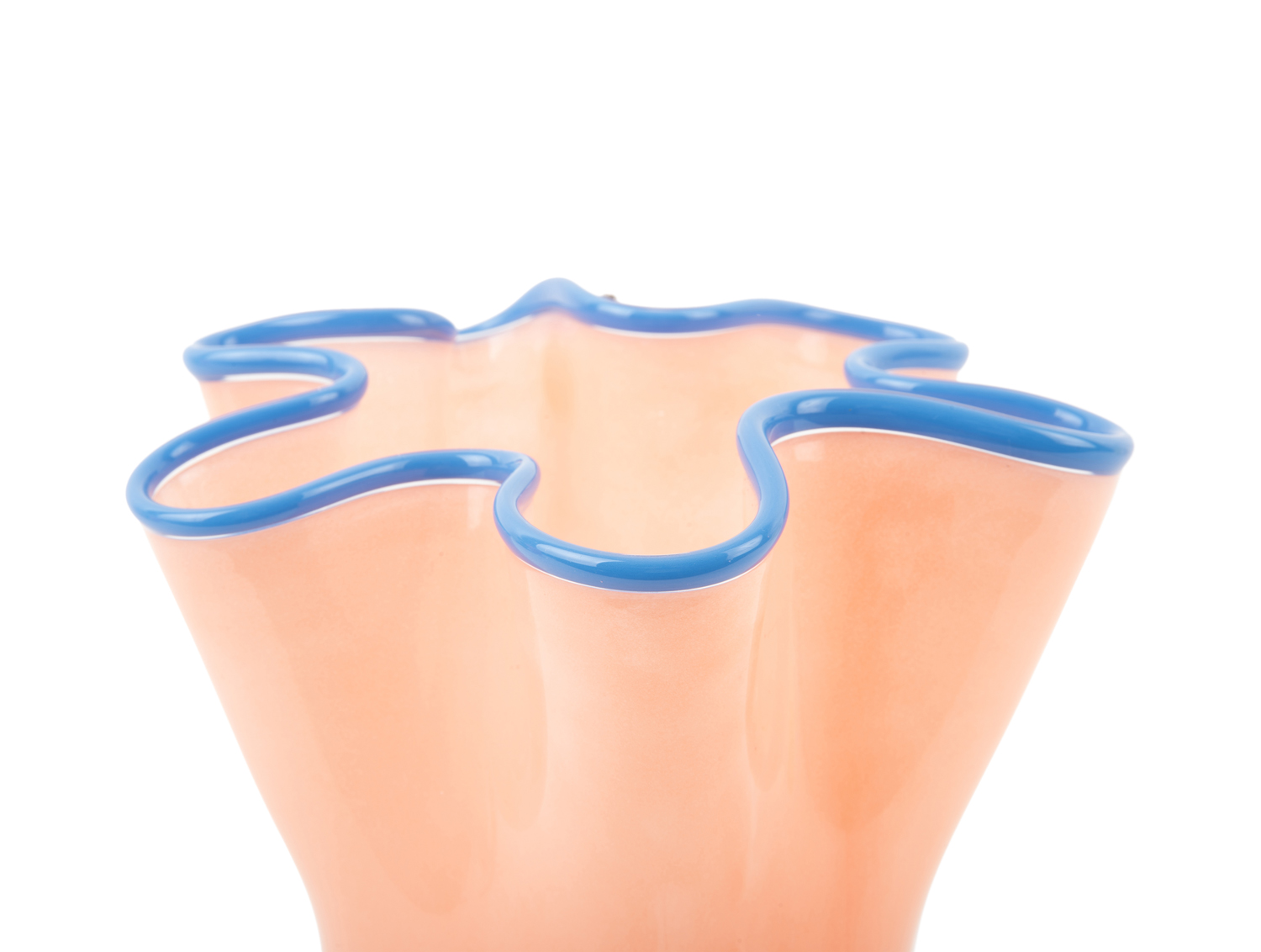 Vase Ruffles glass medium peach orange w. jeans blue rim