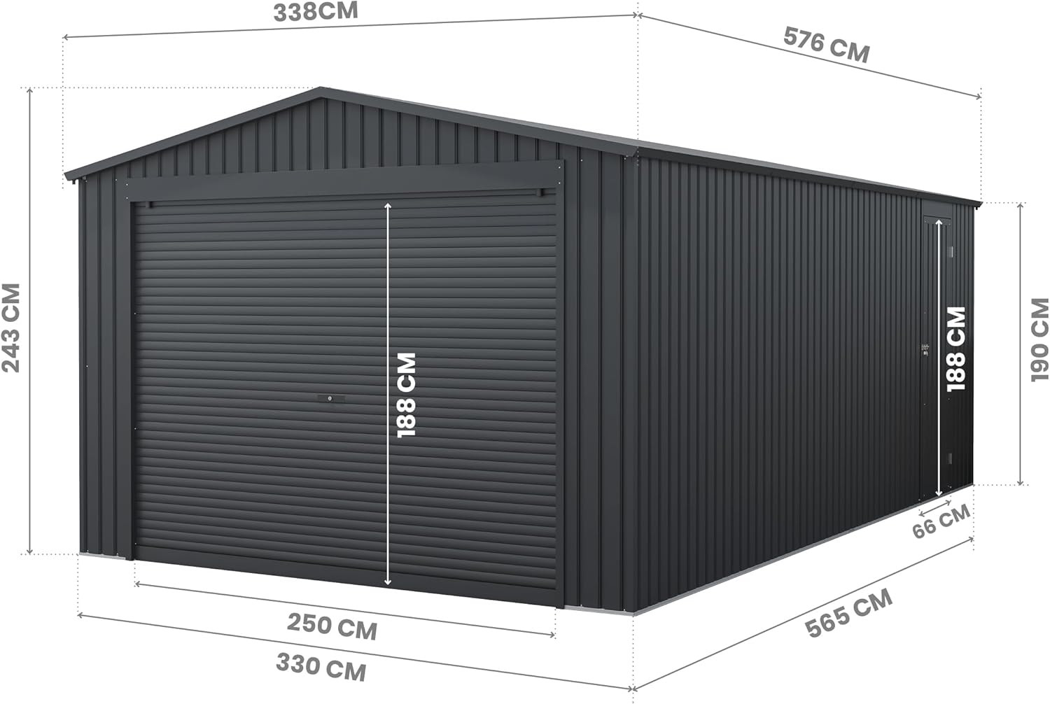 Wasabi - Metallischer Garagenunterstand 19,52 m² Jarama - 576x338x243 cm - Außen-Carport - Große Rolltür - Seitlicher Fußgängerzugang - Grau - Außenlagerung