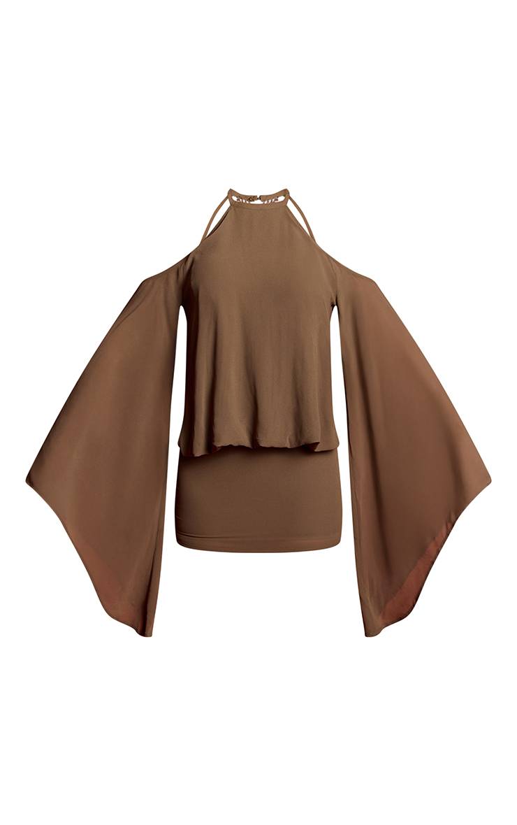Taupe Robe Courte En Mousseline Épaules Dénudées Dos Ouvert Avec Perles Et Pompons