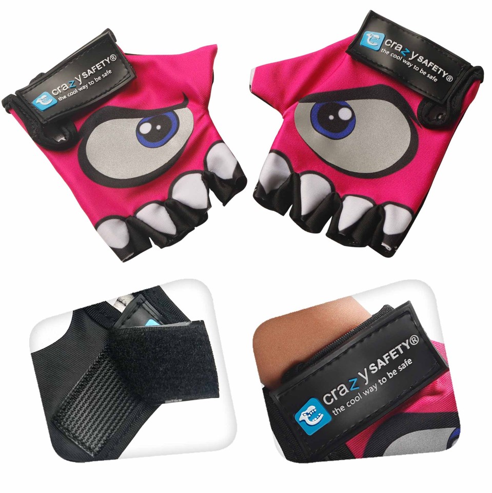 Crazy Safety - Lyserøde børnecykelhandsker med reflekterende øjne, polstrede håndflader - Pink - Size S