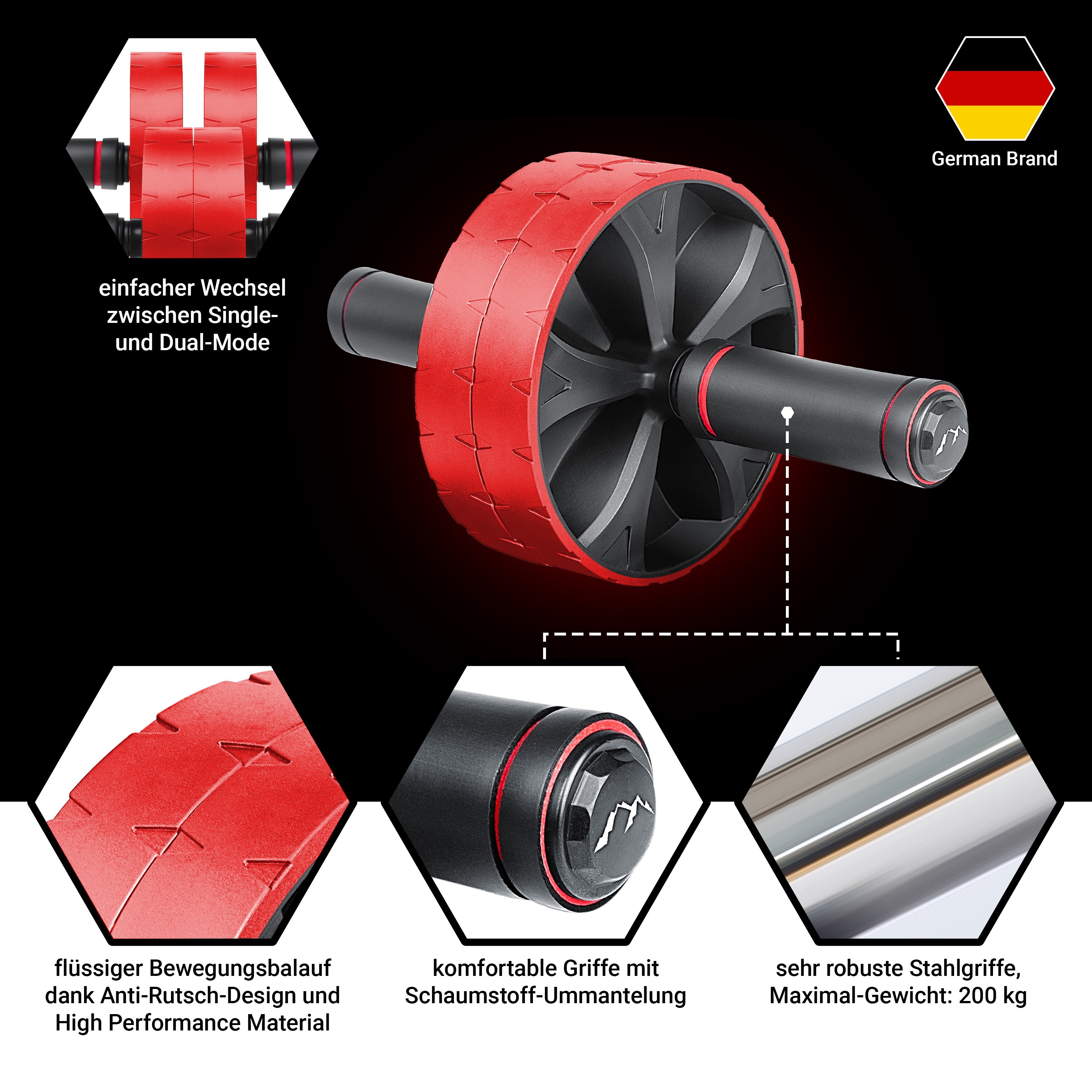 EliteAthlete® Bauchroller Bauchmuskeltrainer - Bauchtrainer für Zuhause - Bauch Weg Abdominal Trainer - AB Wheel Roller inkl. gepolsterter Kniematte - Rot