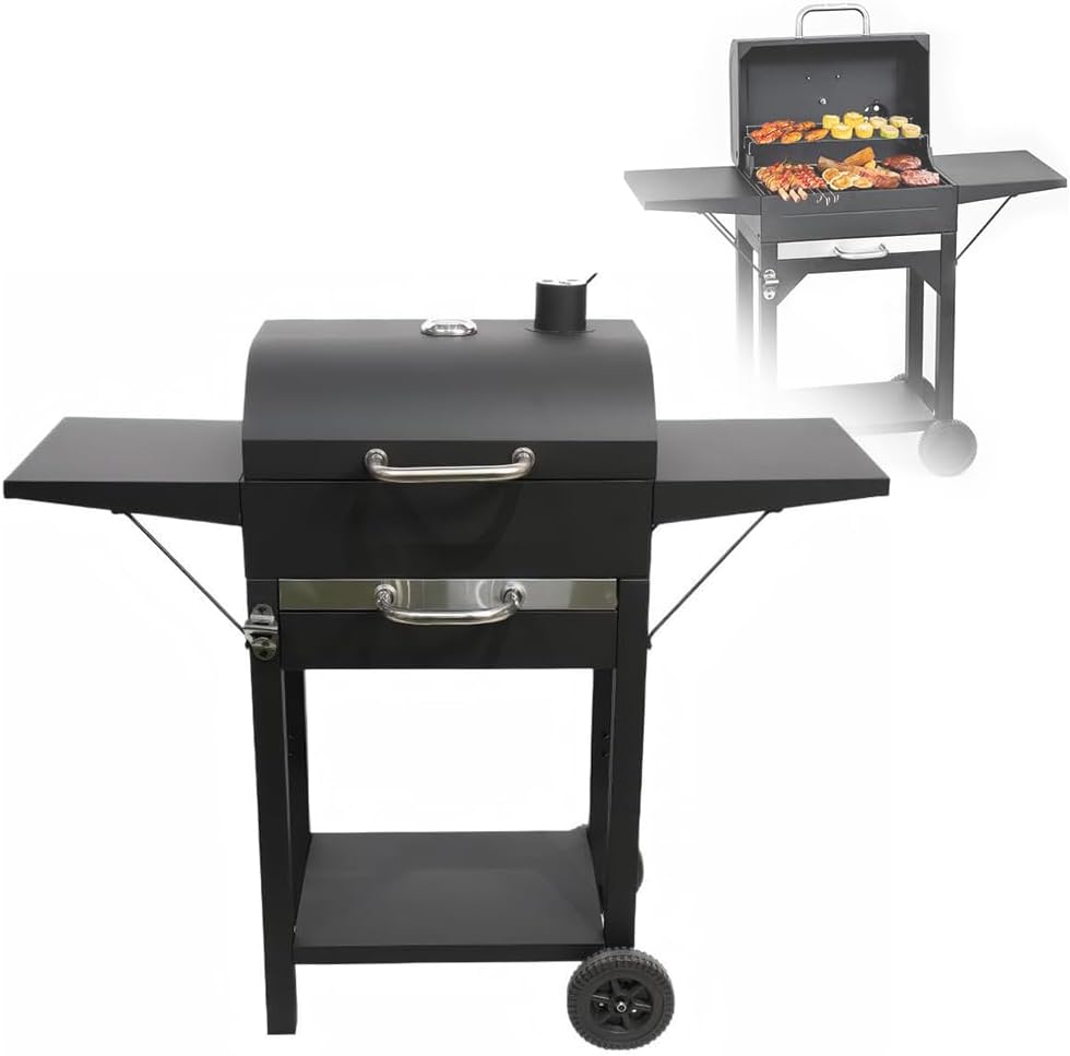 Großer Holzkohlegrill mit Deckelrädern und Thermometer – Edelstahlgriff Smoker BBQ für Camping Garten & Terrasse – Schwarz 112 x 47 x 100 cm