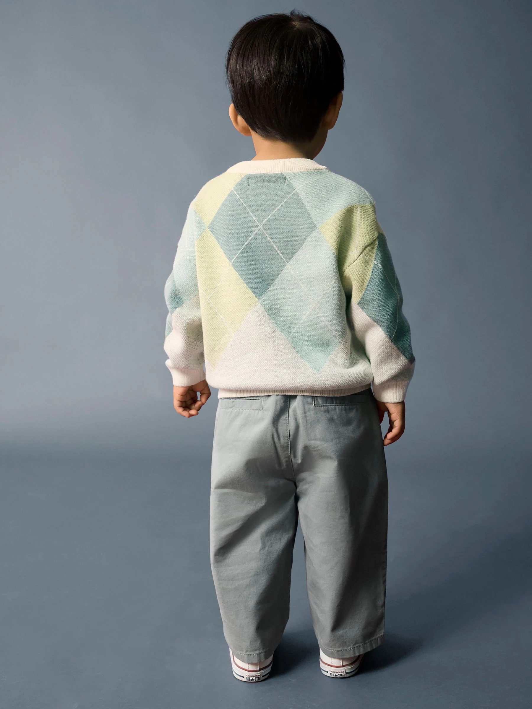 Groen/blauw argyle - Gebreide katoenen trui met ronde hals (3mnd -7jr)