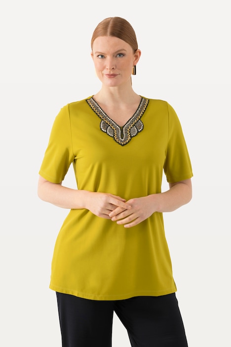 T-Shirt, Stickerei, A-Linie, Tunika-Ausschnitt, Halbarm