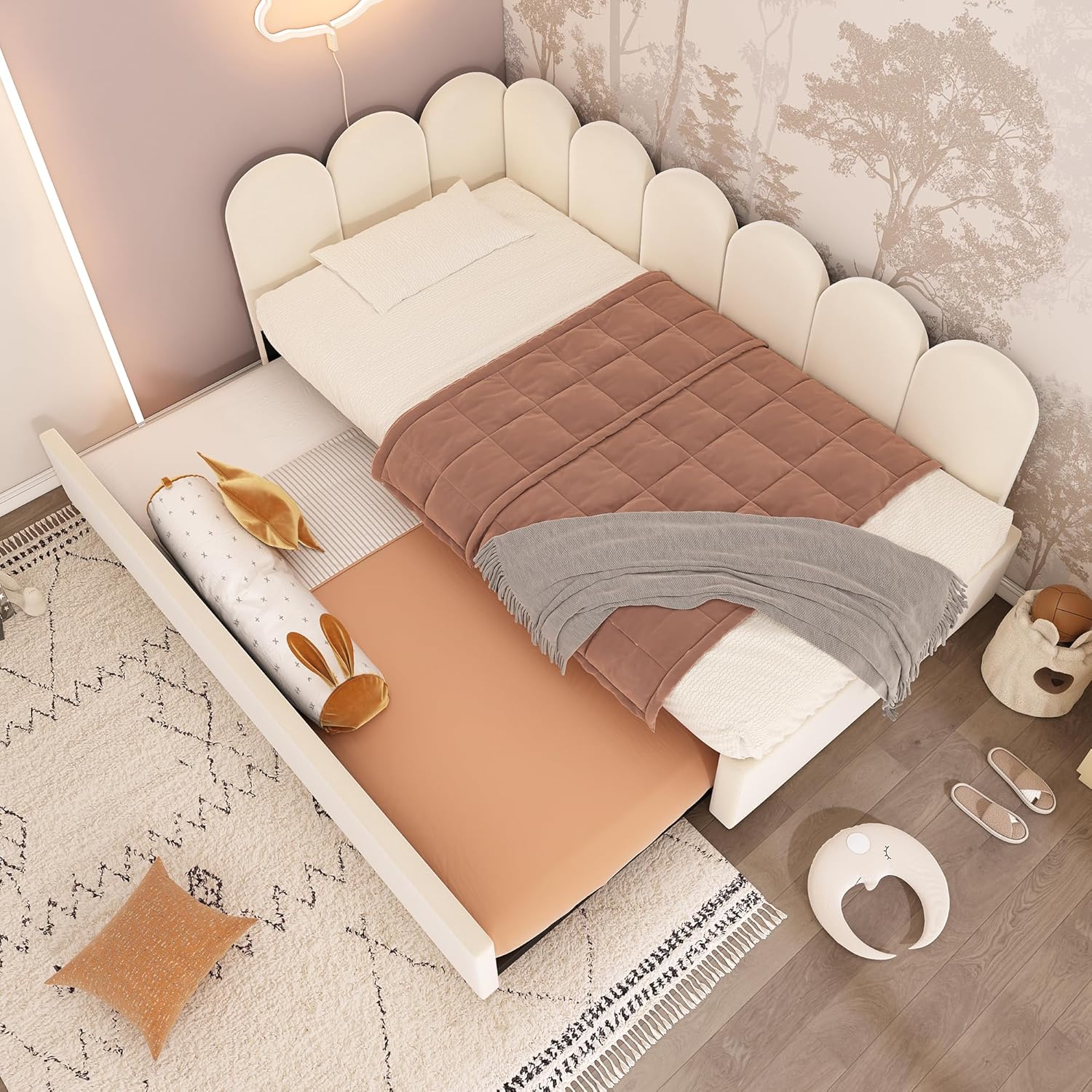 Polsterbett, Daybett 90x200cm,Tagesbett Schlafsofa mit Ausziehbett 90x190cm, Kinderbett mit Lattenrost(ohne Matratze), Samt, Beige