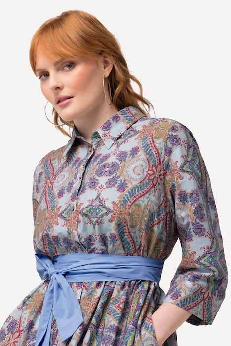 Hemdblusenkleid, Paisley, A-Linie, Rundhals, 3/4-Arm