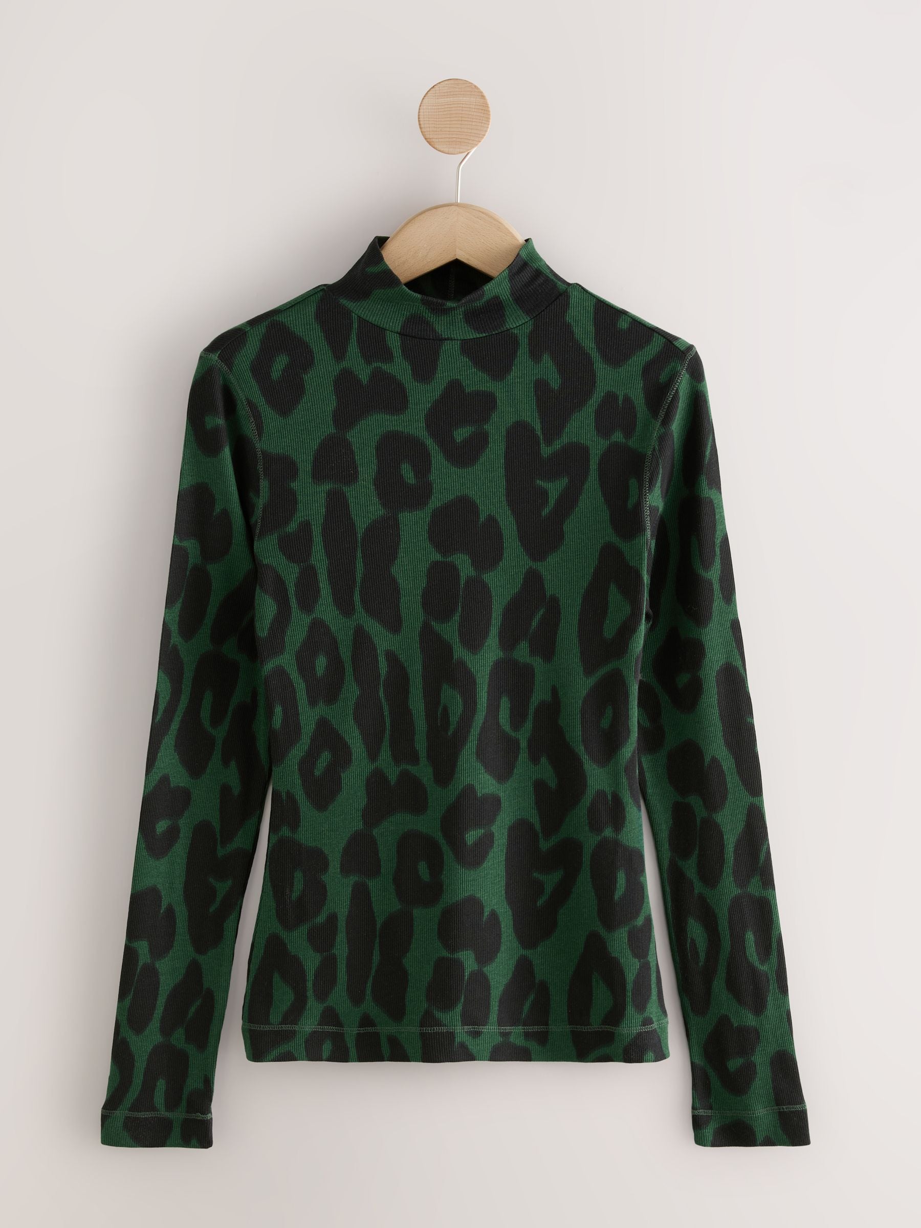 Groen met dierenprint - Geribbeld hoogsluitend T-shirt met lange mouwen