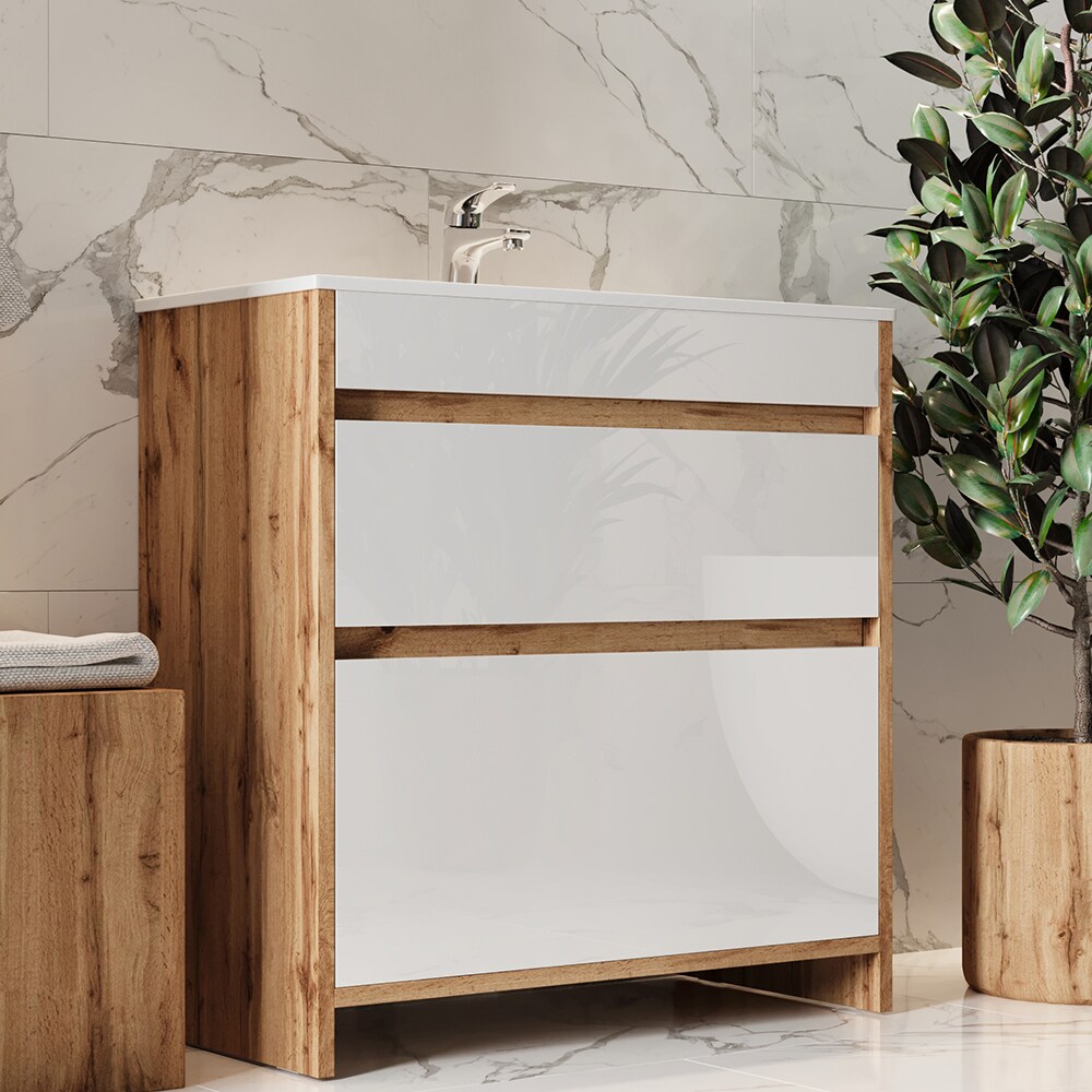 Vicco Waschbecken mit Unterschrank Detmold Eiche Weiß 80 cm