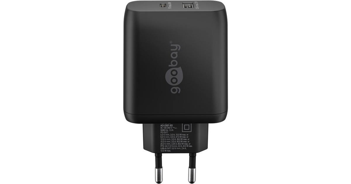 goobayUSB-C PD GaN Dual snellader (65 W)  (Zwart, 1x USB-C, 1x USB-A, Power Delivery)