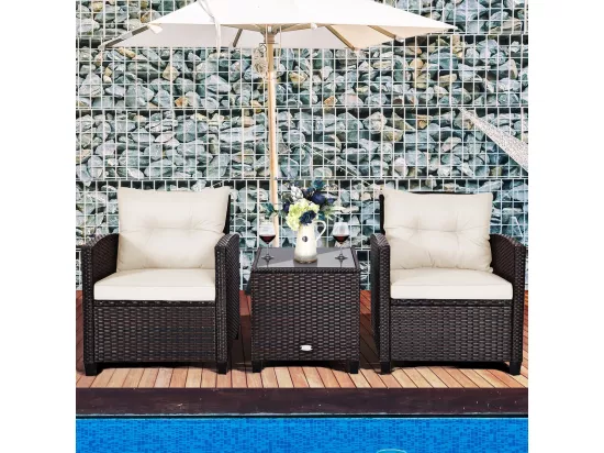 Salon de Jardin en Rotin et fibre naturelle - 3 Pièces - Charge 180KG - 2 Fauteuils et Table Basse avec Plateau en Verre Trempé – Beige