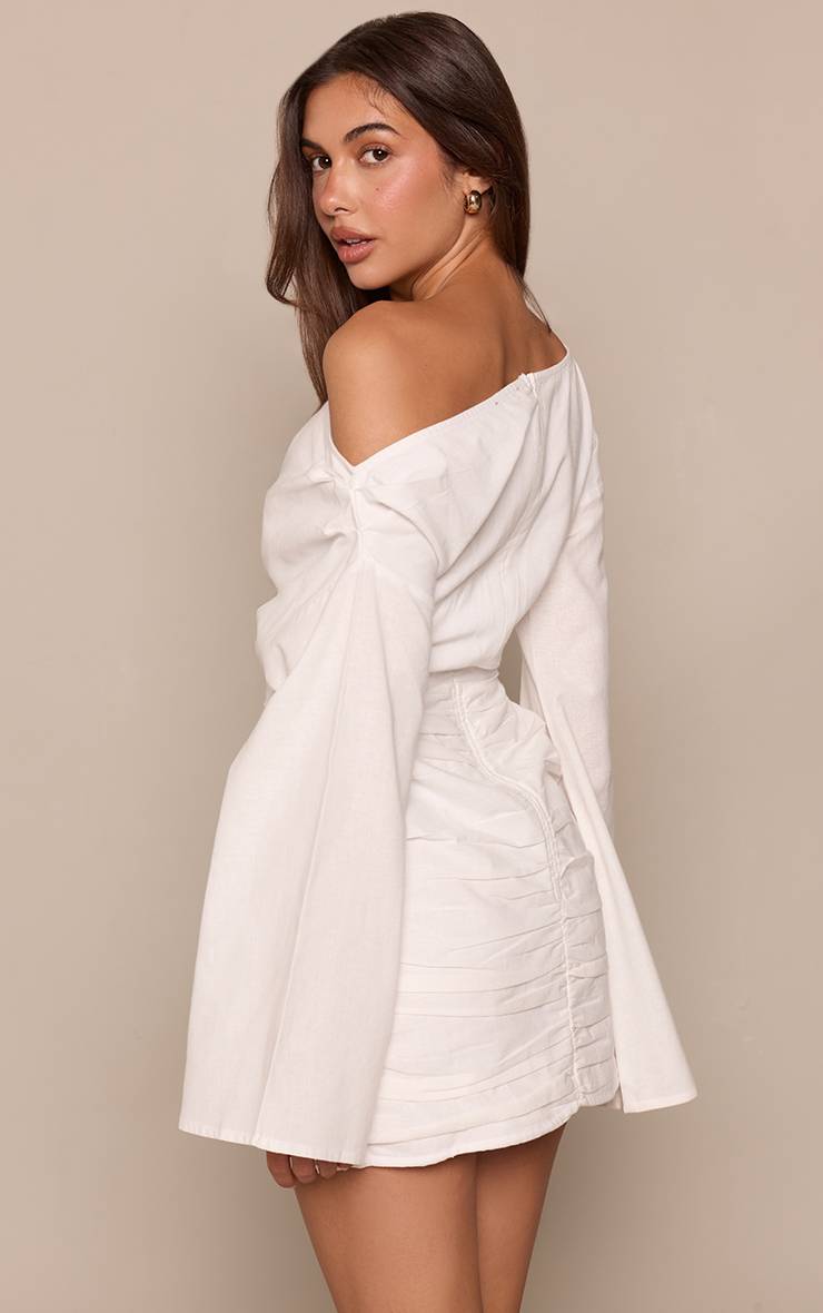Blanc Robe Moulante Froncée À Encolure Bateau Effet Lin