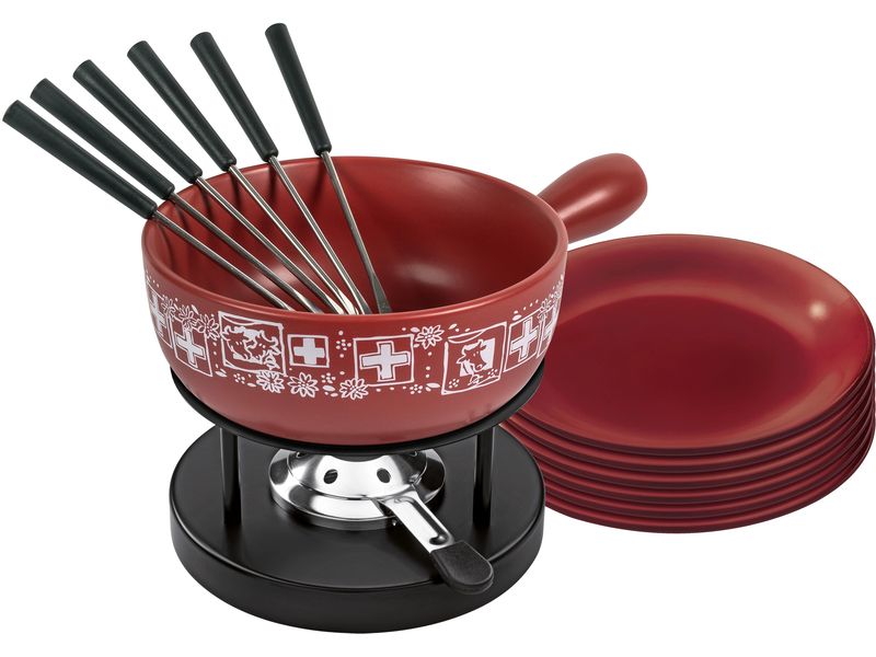 Kuhn Rikon Käsefondue-Set Suisse 15 Teile, Rot/Schwarz Käsefondue-Set mit Teller für 4-6 Personen
