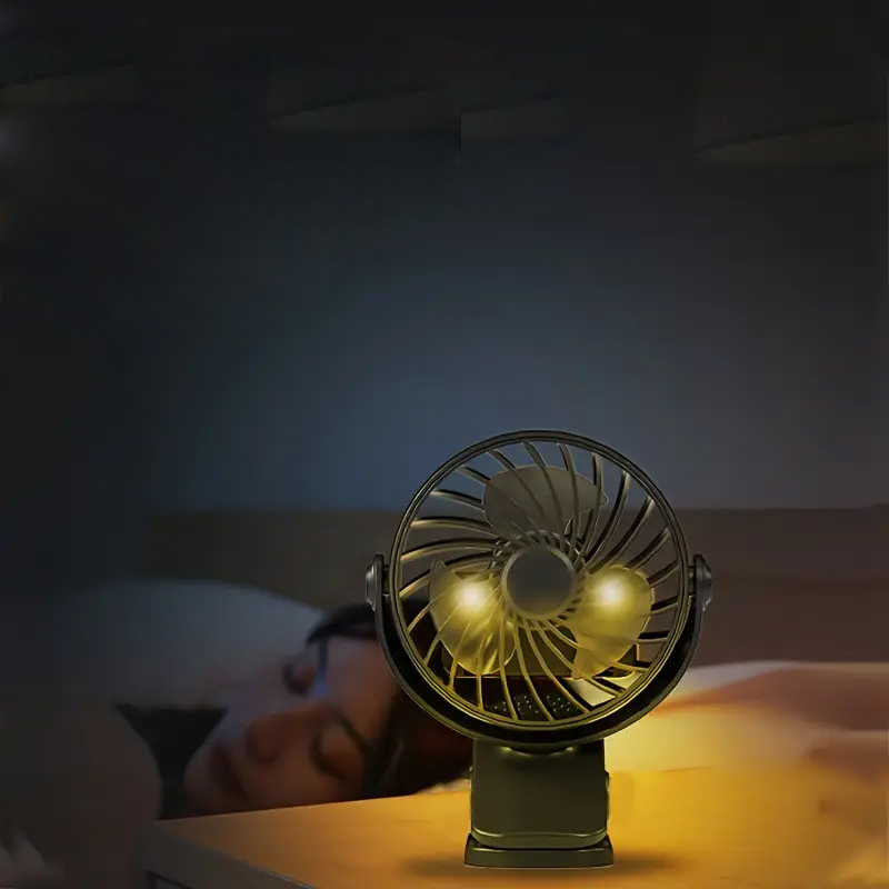 (14x12cm) Hand Ventilator Tragbarer Lüfter Wiederaufladbarer Clip Taschenventilator mit Klemme / LED Beleuchtung - Schwarz