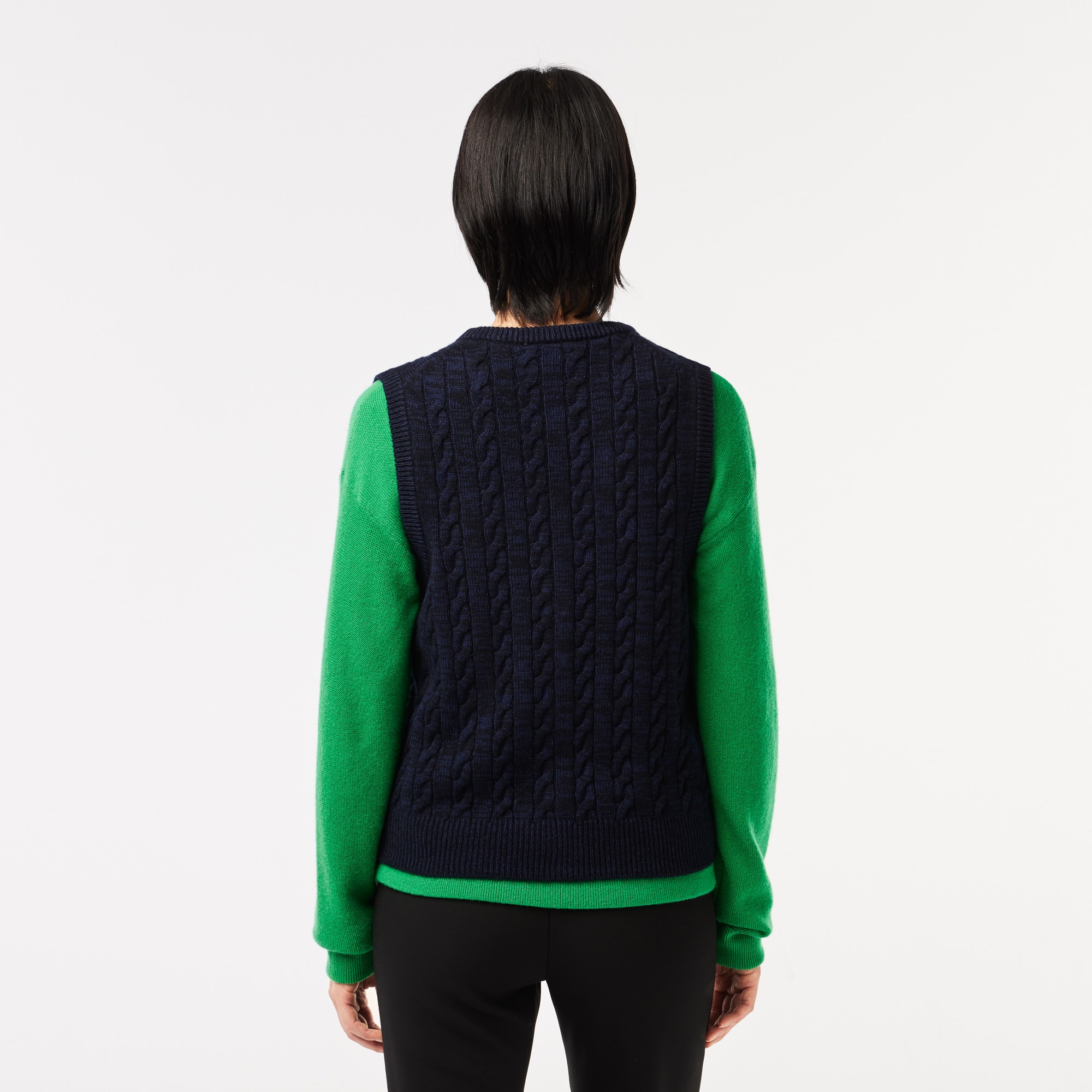 Cardigan sans manche à torsades en coton et laine Pullovers - Bleu - Lacoste - Femme