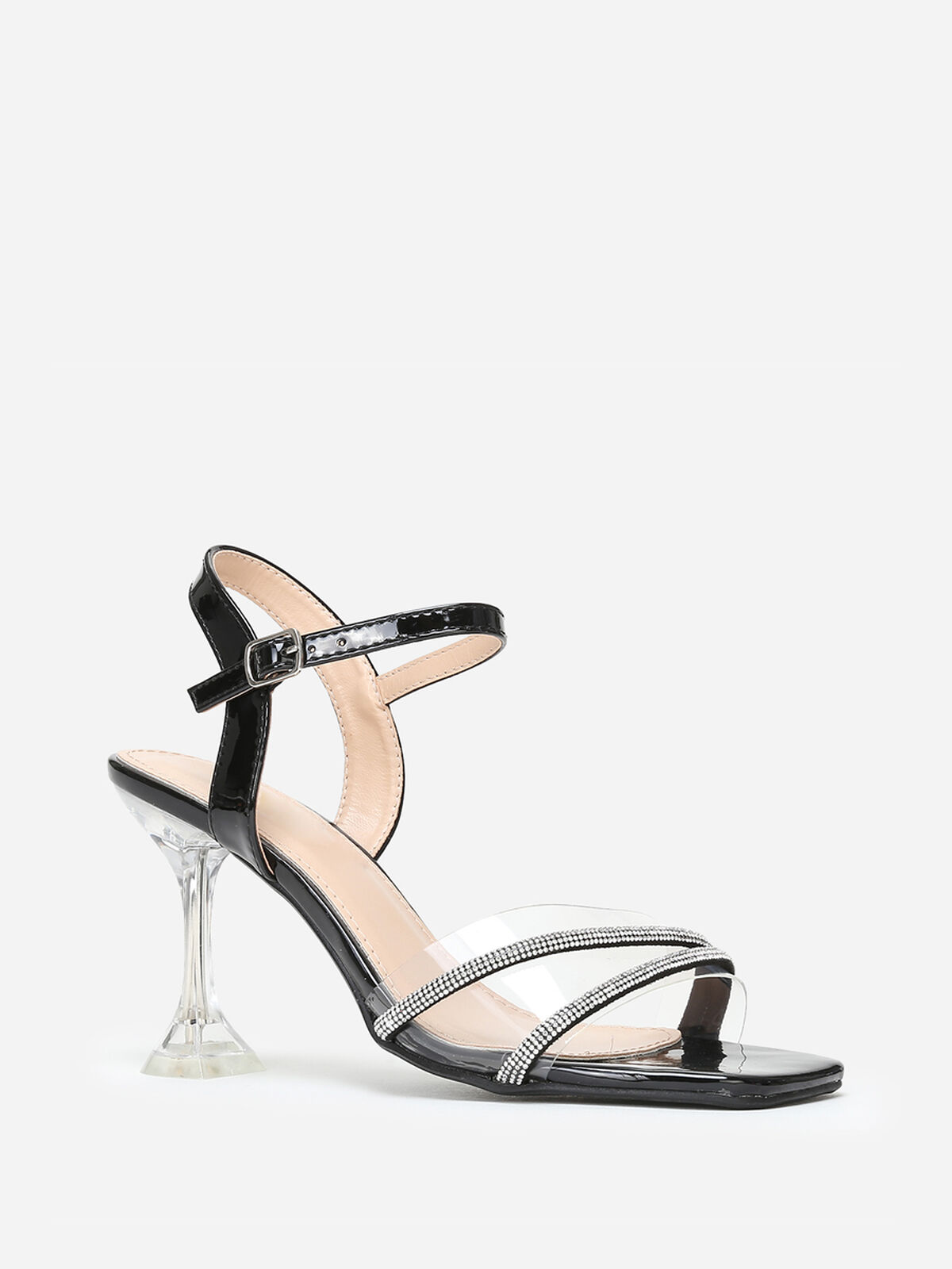 Sandales à strass avec talon bobine- Noir