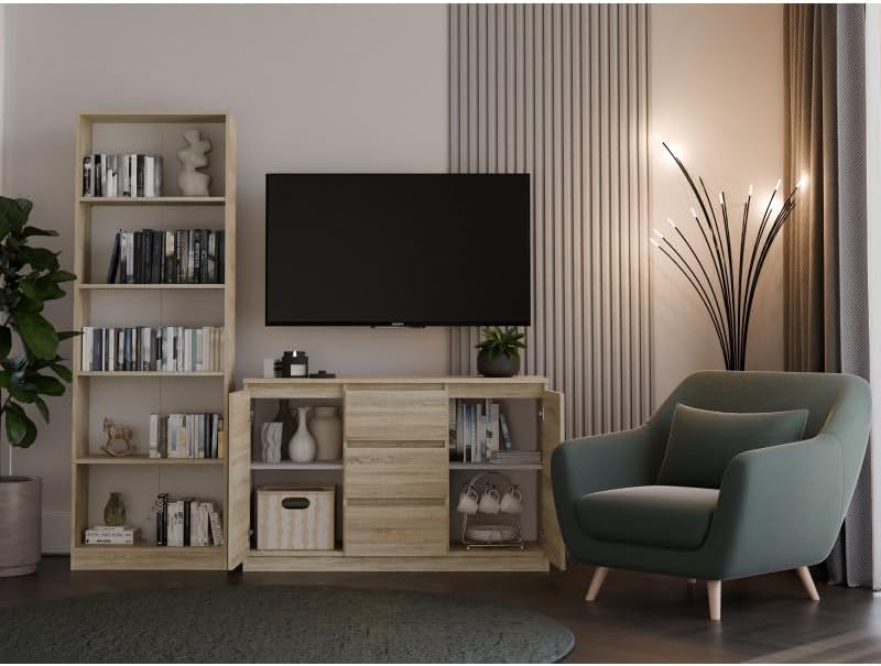 CDF Kommode Eiche Sonoma 2 Türen 3 Schubladen Komode & Sideboards Schubladenkommode Sideboard 75 cm Hoch Wohnzimmer Komodenschrank 40x120x75 für Schlafzimmer Arbeitszimmer Flur Schubladenschrank