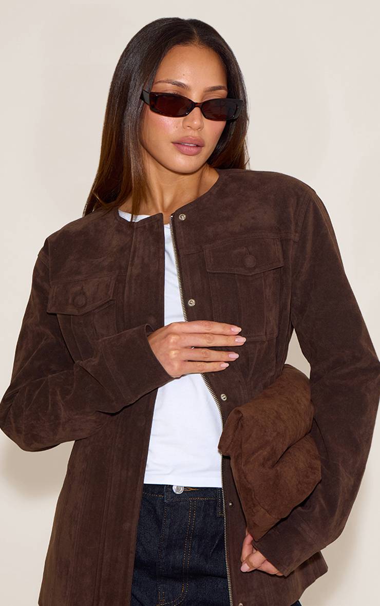 Chocolat Veste Tall En Faux Suède À Taille Cintrée Avec Boutons Recouverts