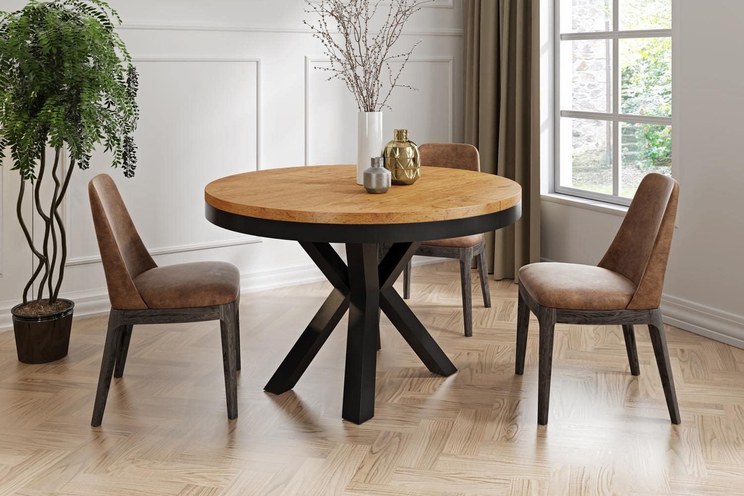 WFL GROUP Runder Ausziehbarer Esstisch im Loft-Stil - Industrieller Tisch mit Schwarzen Metallbeinen - Platzsparender Tisch für Wohnzimmer - Lancelot Eiche - 100 bis 180 cm
