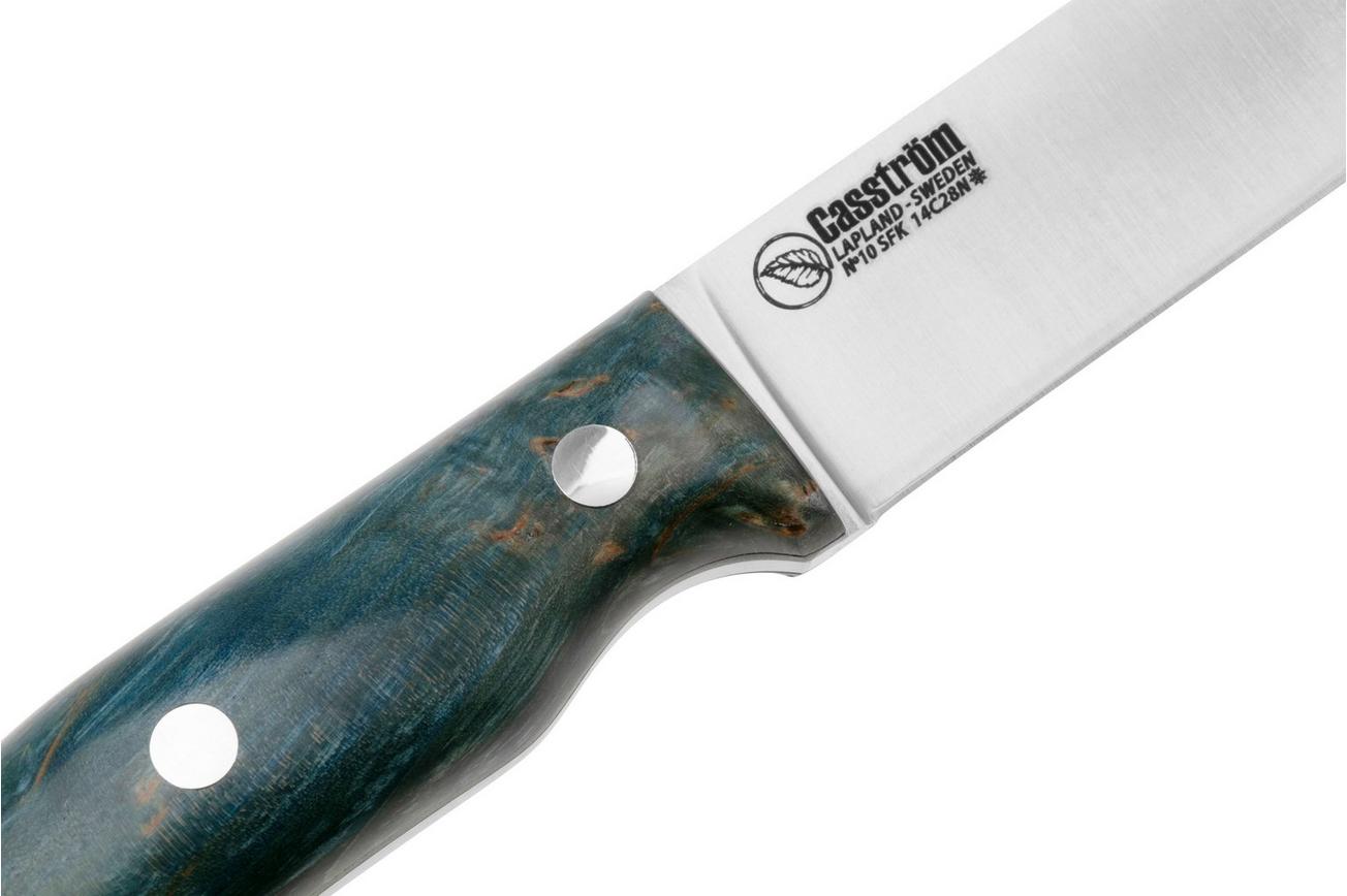 Casström No. 10 Swedish Forest Knife Flat 14119, 14C28N Stabilised Curly Birch Ocean Kydex, bushcraftmes