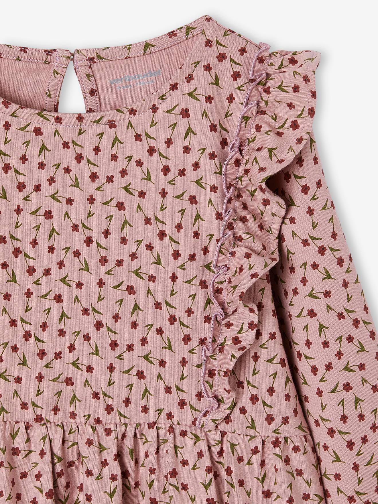 Vestido off-white com estampa floral e mangas com babados para meninas.