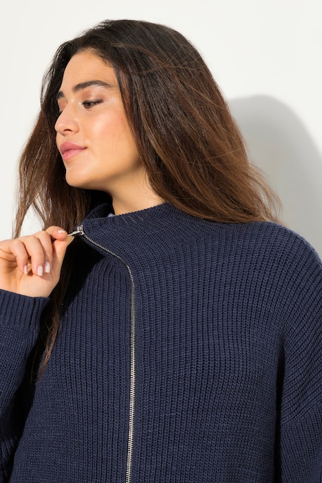 Long-Strickjacke, Oversized, Stehkragen, Rippstrick