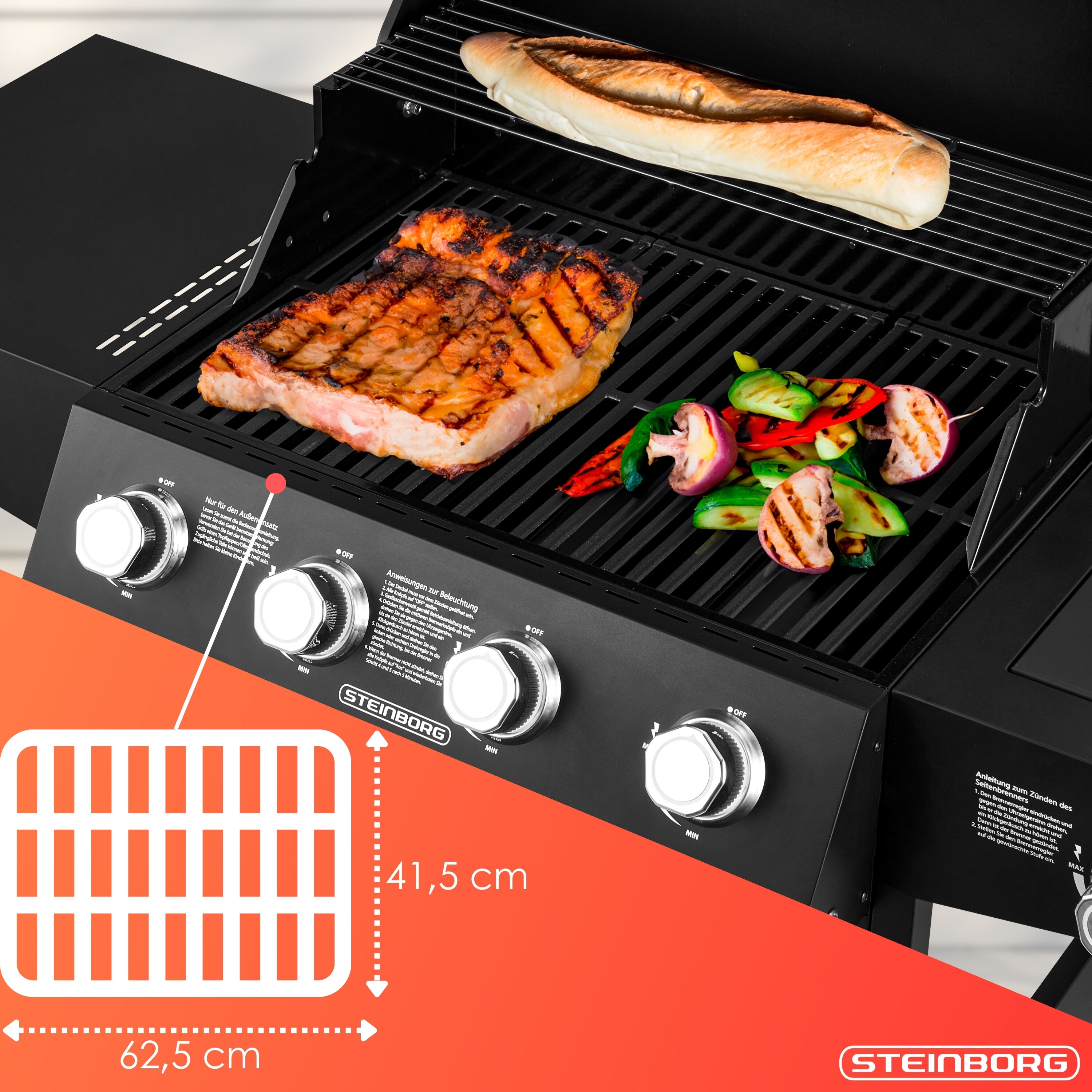 Steinborg Gasgrill 4 Brenner mit Seitenbrenner Beleuchtete Drehknöpfe