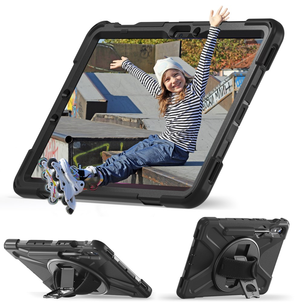 Samsung Galaxy Tab S10 Lite / S10 FE / Tab S9 FE / S9 Hybrid Outdoor Silikon Case Hülle mit Aufsteller und Handschlaufe - Schwarz