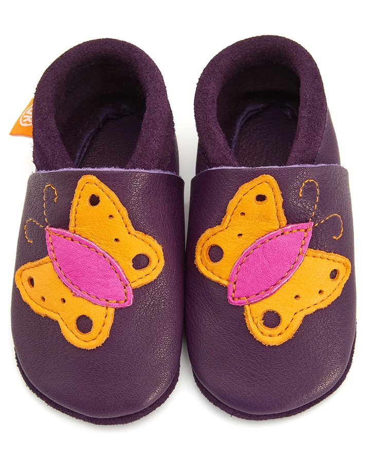 Leder-Hausschuhe BUTTERFLY DER SCHMETTERLING in aubergine
