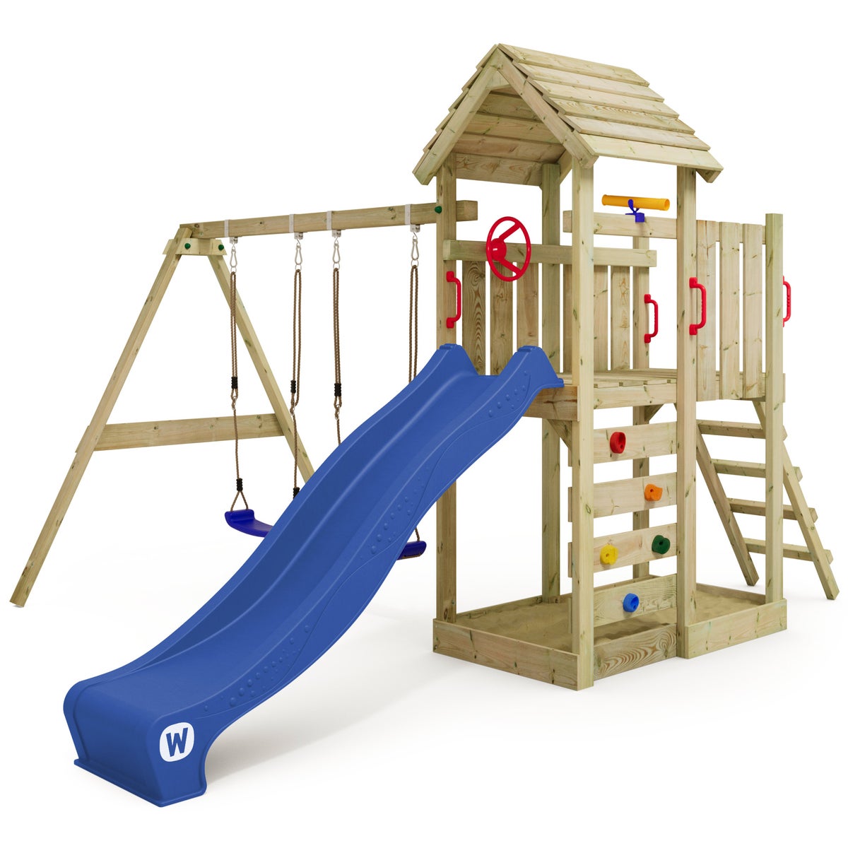 WICKEY MultiFlyer Houten Dak Klimrek met Schommel en Glijbaan, Klimtoren met Houten Dak, Zandbak, Ladder en Speelaccessoires - Blauw