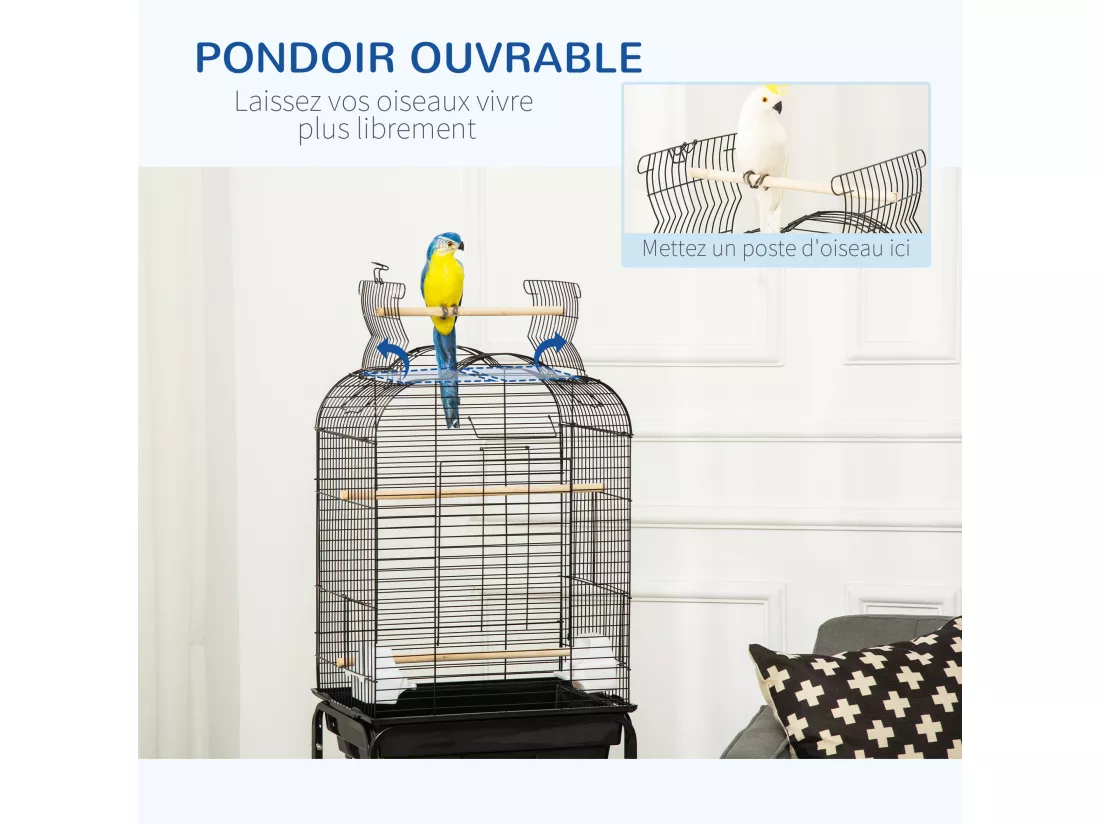 PawHut Cage à oiseaux volière amovible sur roulettes - toit ouvrant, tiroir déjection, 2 perchoirs, 2 trappes, porte, 2 mangeoires, 2 poignées - étagère - acier PP noir