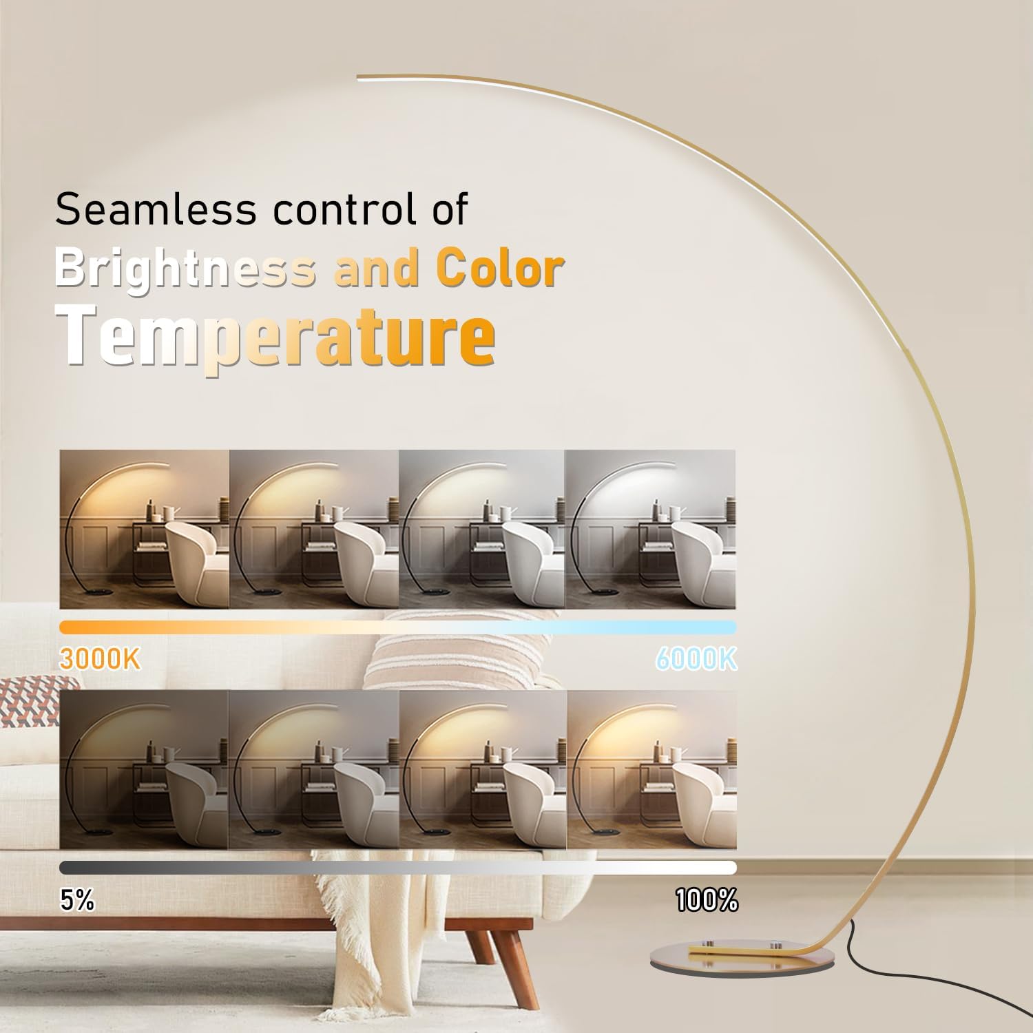 LED Bogenlampe Wohnzimmer, 25W Dimmbar Gold Stehlampe mit Fernbedienung, Modern Stehleuchte 3 Farbtemperatur & Memory-Funktion, Bogenleuchte Ecke Leselampe für Schlafzimmer Büro Sofa, 170CM