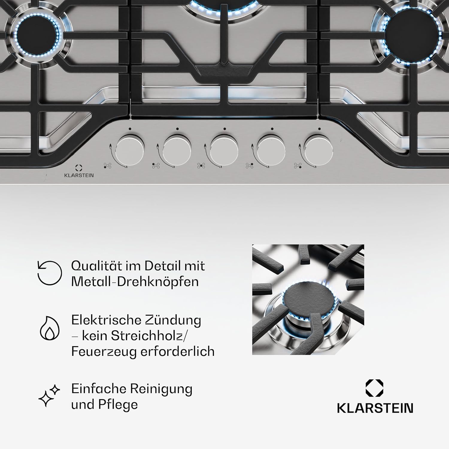Klarstein Turbocast Gaskochfeld - 5-Brenner Edelstahl 304, 3,4 kW Wokbrenner, Gusseiserne Pfannenhalter, Elektrische Zündung, Sicherheitsabschaltung, LPG-Umrüstsatz, Gasherd, 750x500 mm