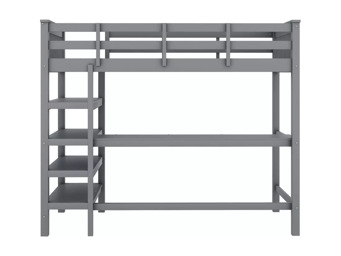 Lit mezzanine 90 x 200 cm avec bureau et étagères de rangement - Bois de pin + MDF - Gris
