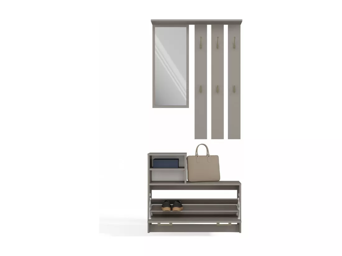 VITTORIA - Vestiaire d'entrée - Patère murale + miroir + rangement chaussures - 180x85x24 - Meuble d'entrée - Gris