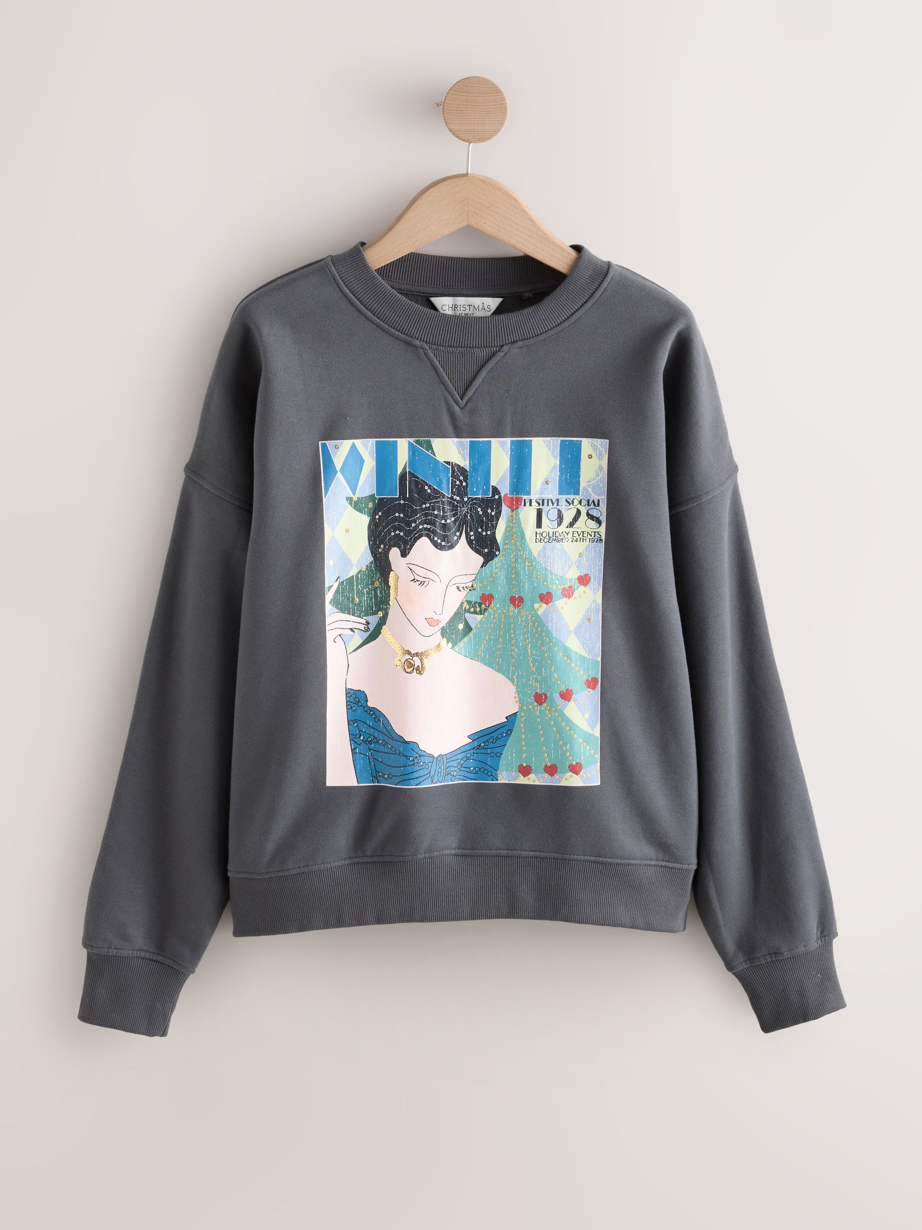 Antraciet - Cotton Rich Kerstmis Seizoensgebonden Grafisch Vintage Magazine Longsleeve Crewneck Sweatshirt met ronde hals